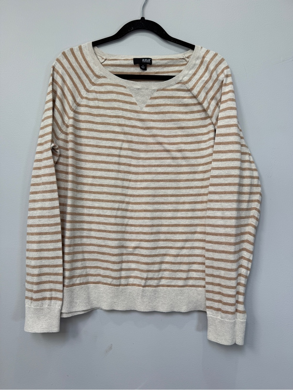 a.n.a Women's Cream and Tan Striped Crewneck Sweater